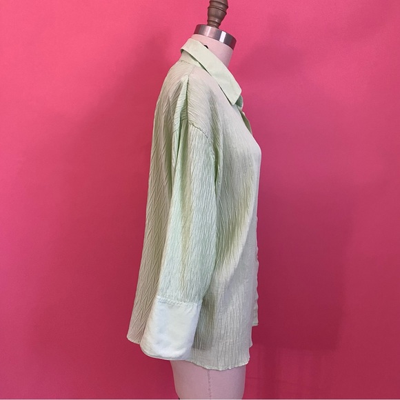 **FREE** Vintage 90s/Y2K Crinkle Lime Green ButtonDown Shirt Blouse L - Picture 8 of 9